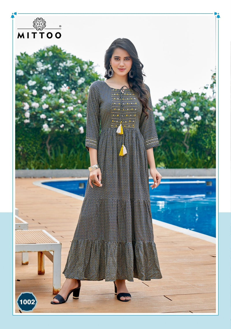 Mittoo Anushree Rayon Wrinkle Print Work Hand Work Stylish Designer Partywear Kurti