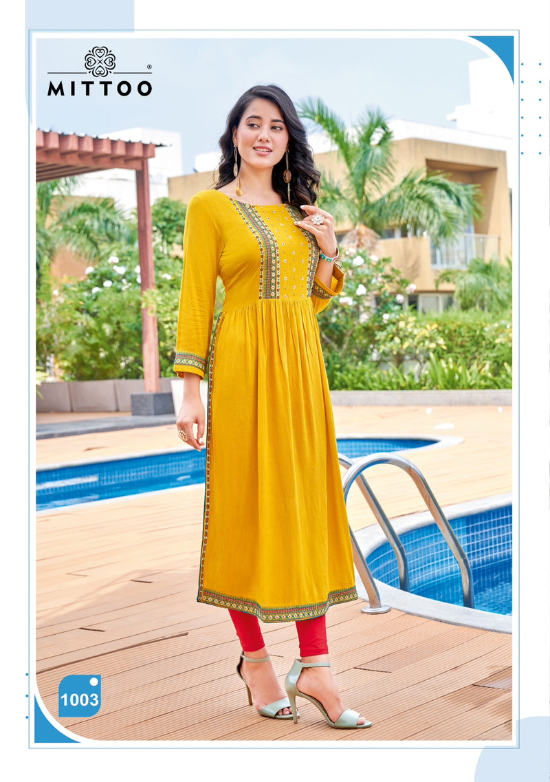 Mittoo Sargam Wrinkle Rayon Work Fancy Designer Wear Kurti