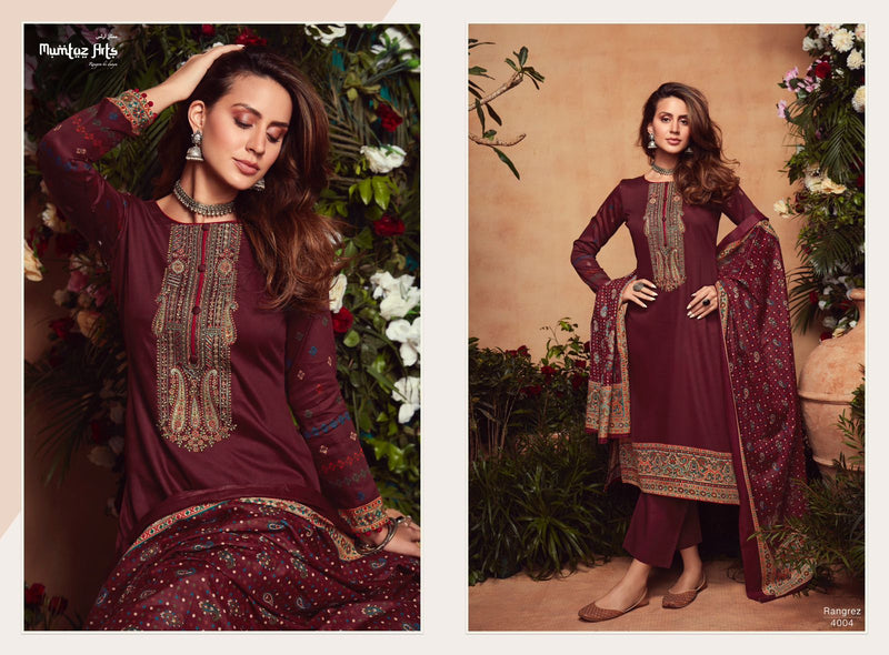 Mumtaz Arts Rangrez Pure Viscose Jam Satin Heavy Embroidery Work Stylish Designer Partywear Salwar Suit