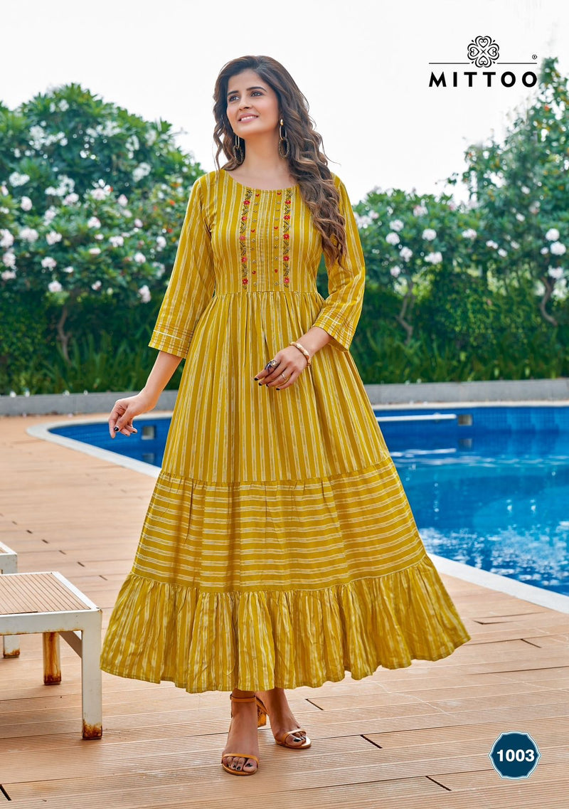 Mittoo Anushree Rayon Wrinkle Print Work Hand Work Stylish Designer Partywear Kurti