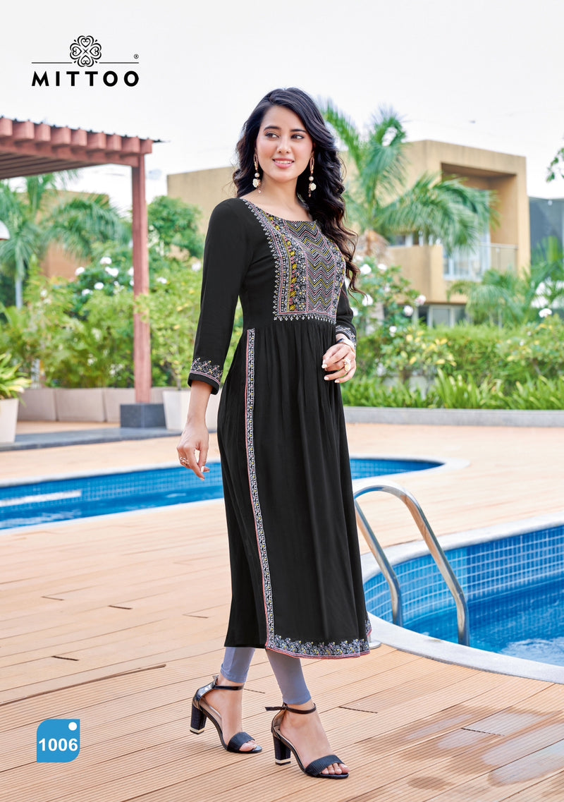 Mittoo Sargam Wrinkle Rayon Work Fancy Designer Wear Kurti
