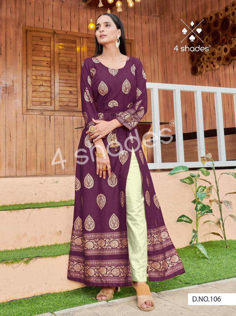 4 Shades Launch By Un Dekhi Vol 1 Rayon Print Front Side Cut Long Gown Type Fancy Kurtis