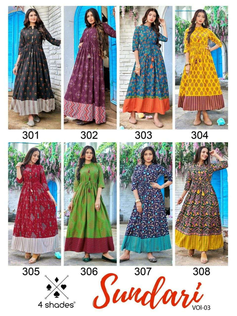 4 Shades Sundari Vol 3 Rayon Designer Printed Gown Stylish Kurti