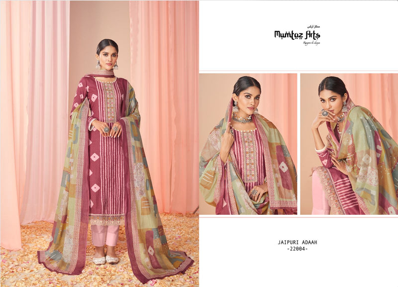 Mumtaz Arts Jaipuri Adaah Vol 3 Pure Lawn Cambric Cotton Digital Print Neck Daimond Embroidery Work Stylish Designer Partywear Salwar Suit