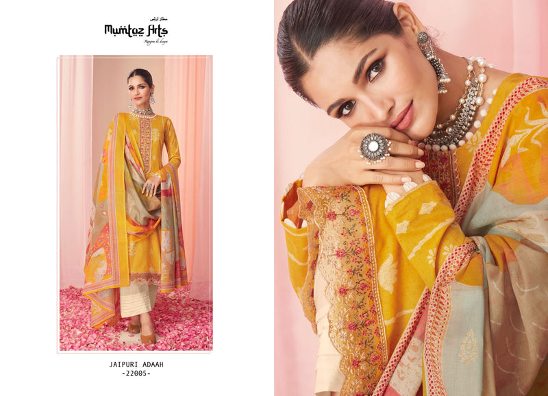 Mumtaz Arts Jaipuri Adaah Vol 3 Pure Lawn Cambric Cotton Digital Print Neck Daimond Embroidery Work Stylish Designer Partywear Salwar Suit