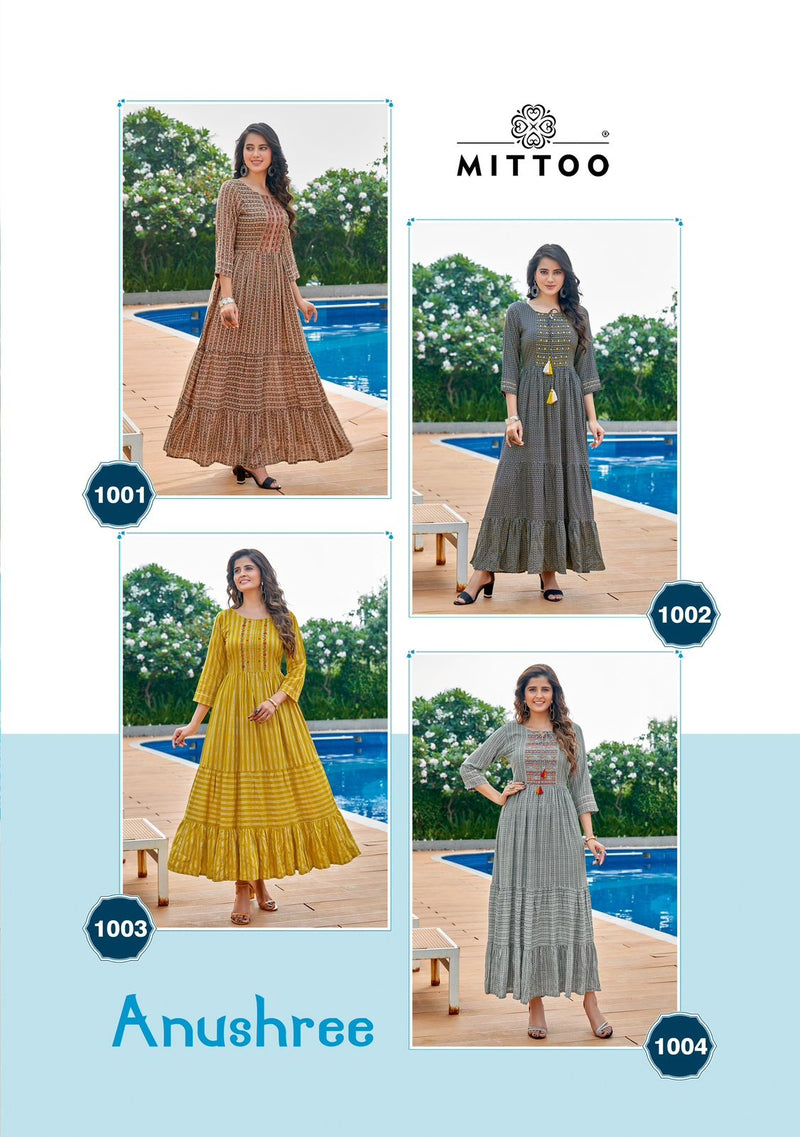 Mittoo Anushree Rayon Wrinkle Print Work Hand Work Stylish Designer Partywear Kurti