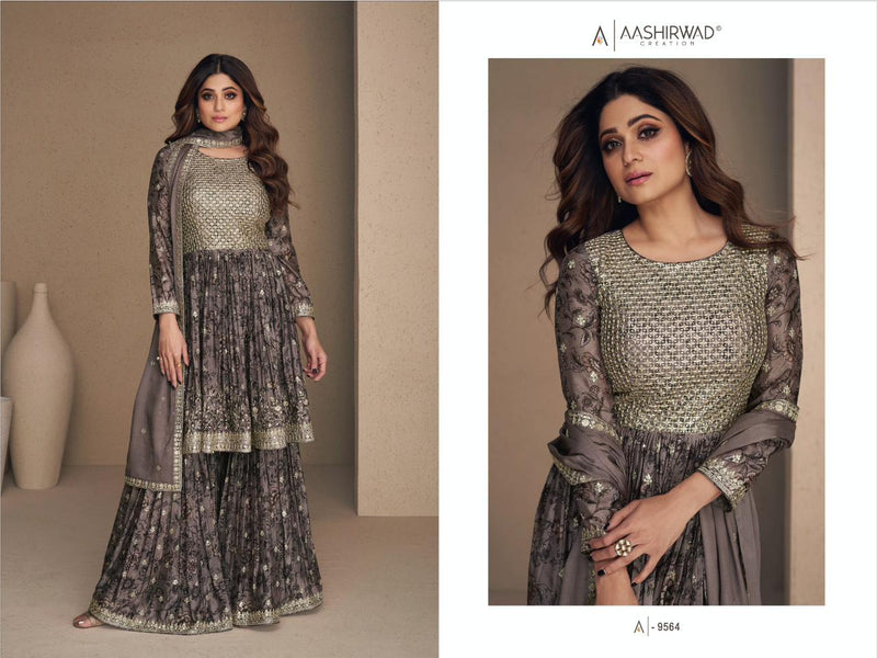 Aashirwad Creation Flower Chinon Silk Digital Printed Heavy Designer Partywear Kurti