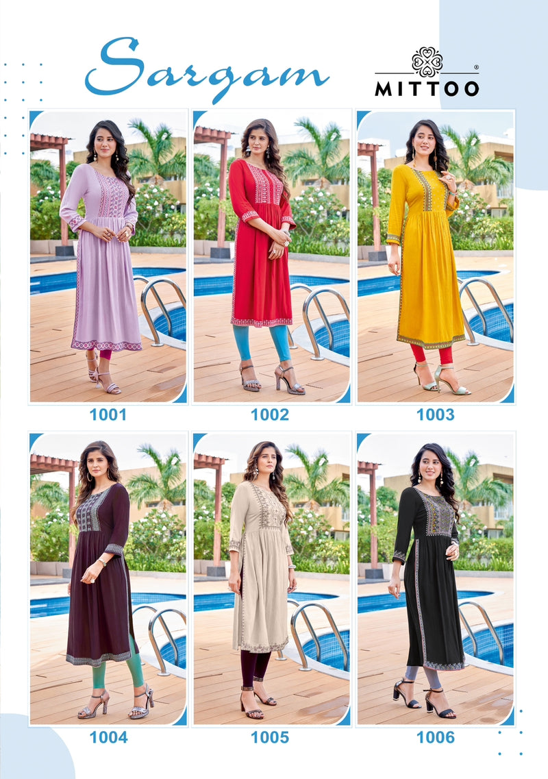 Mittoo Sargam Wrinkle Rayon Work Fancy Designer Wear Kurti