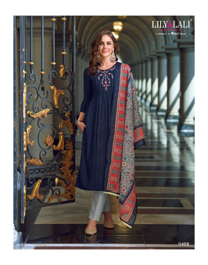 Lily And Lali Manya Fancy Viscose Rayon Nyra Kurti Embriodery Handwork Partywear Designer Kurti
