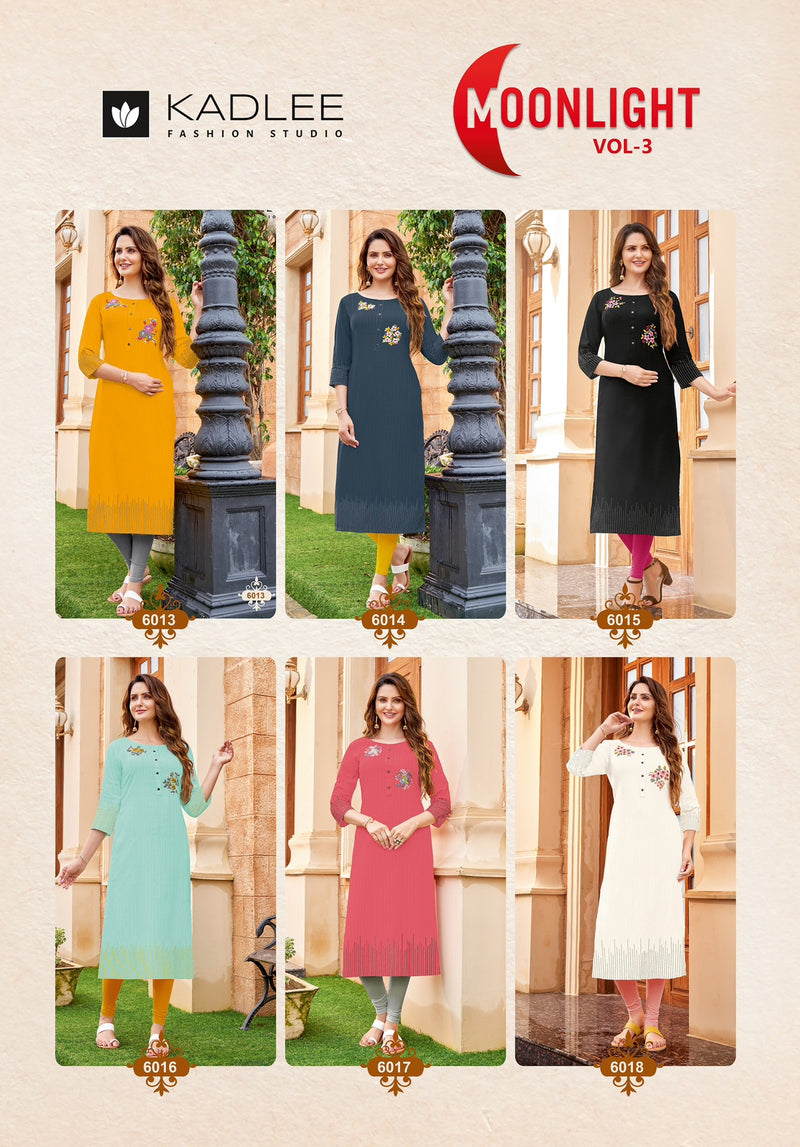 Kadlee Fashion Moonlight Vol 3 Rayon Weaving Handwork Embroidery Work Fancy Designer Wear Kurti