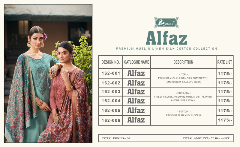Kesar Alfaz Premium Muslin Linen Slik Cotton Embroidery Sleeve Work Fancy Designer Partywear Salwar Suti