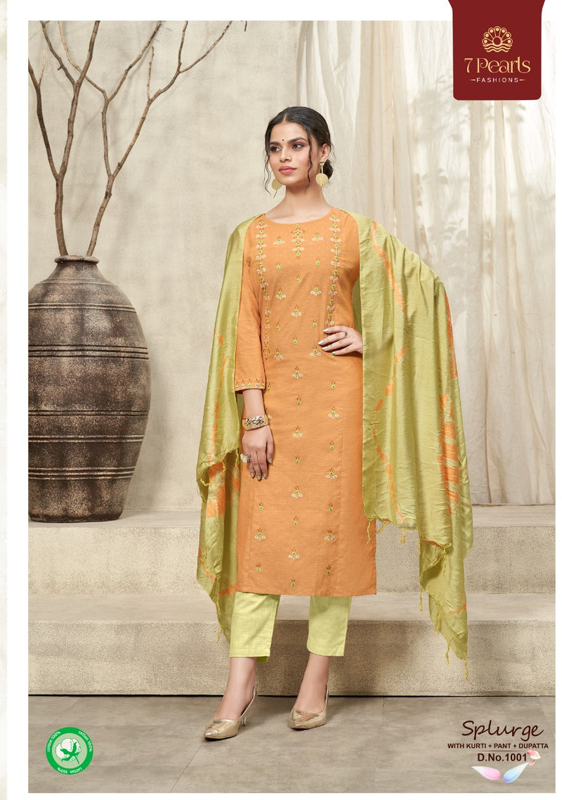 7 Pearl Splurge Pure Cotton Embroidery Work Kurti Pant With Dupatta