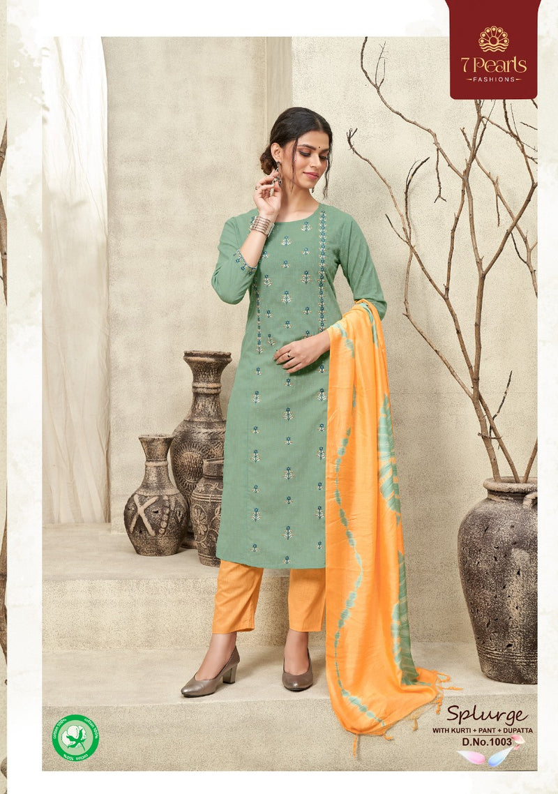 7 Pearl Splurge Pure Cotton Embroidery Work Kurti Pant With Dupatta