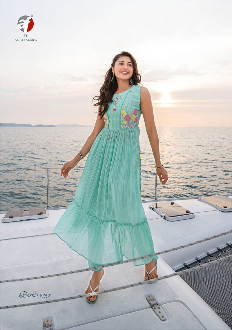 Anju Fabrics Barbie Vol 2 Mull Cotton Manual Thread Embroidery Hand Work Partywear Designer Kurti