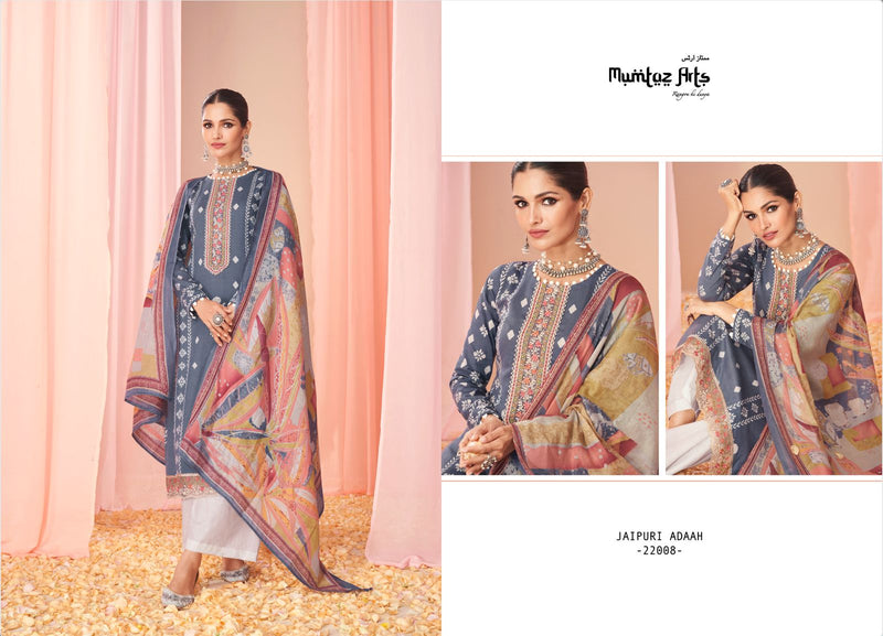 Mumtaz Arts Jaipuri Adaah Vol 3 Pure Lawn Cambric Cotton Digital Print Neck Daimond Embroidery Work Stylish Designer Partywear Salwar Suit