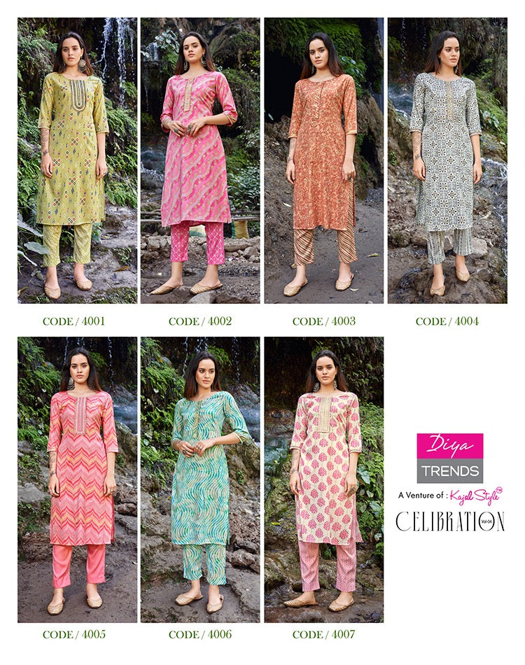 Diya Trends Celebration Vol 4 Rayon Gold Print Sequence Embroidery Work Fancy Designer Stylish Kurti