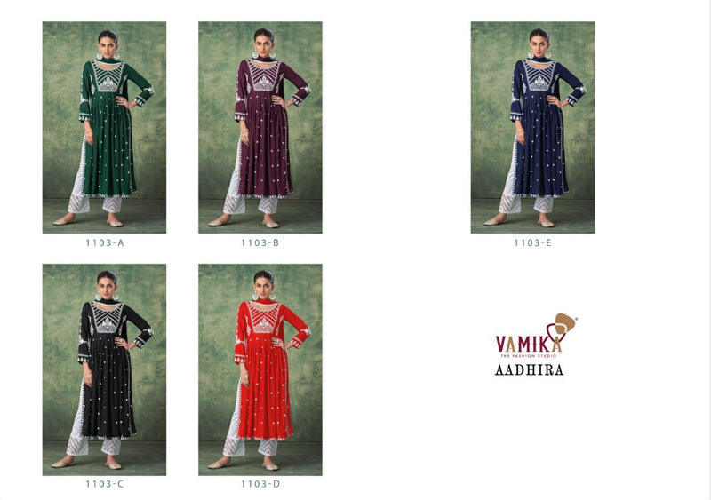 Vamika Aadhira Rayon With Fancy Embroidery Work stylish Designer Casual Wear Attractive Look Kurti