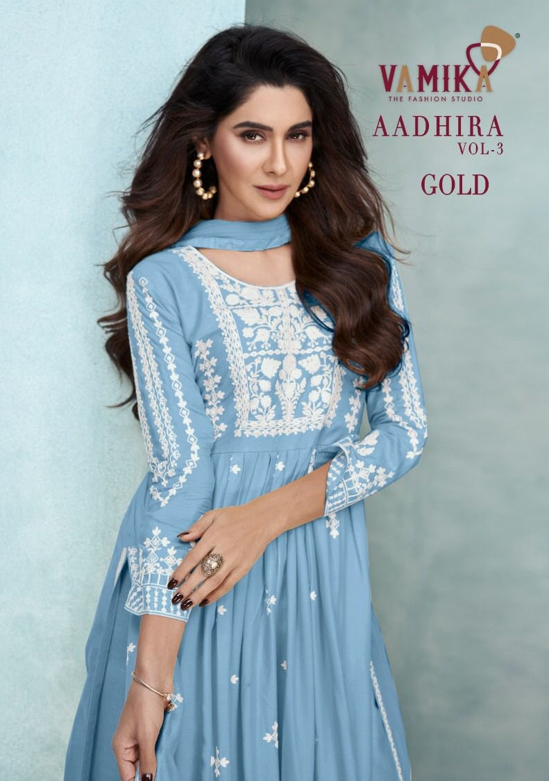 Vamika Aadhira Vol 3 Gold Pure Rayon Viscos Fabric Heavy lakhnavi Embroidery Back Work Fancy Designer Partywear Kurti