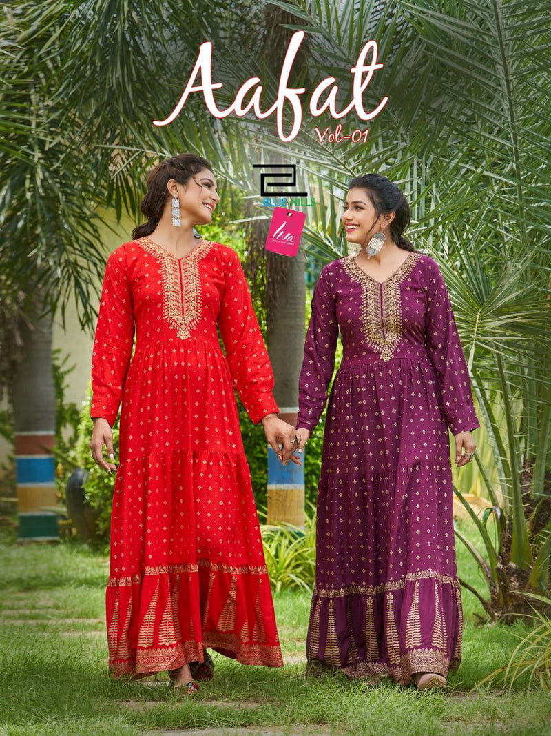 Blue Hills Aafat Vol 1 Rayon With Heavy Embroidery Work Printed Stylish Designer Long Gown