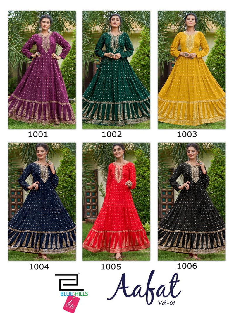 Blue Hills Aafat Vol 1 Rayon With Heavy Embroidery Work Printed Stylish Designer Long Gown