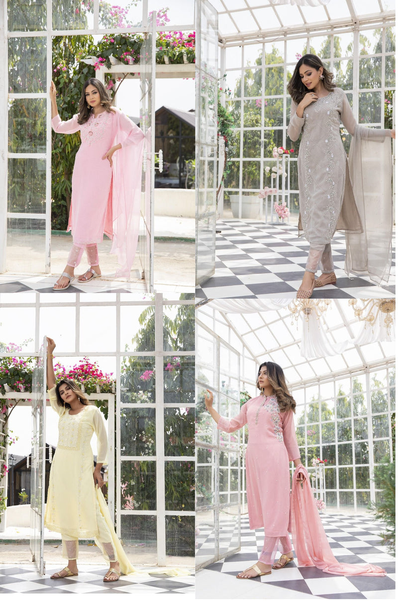 La Pink Lifestyle Aaina Vol 1 Georgette Heavy Designer Party Wear Kurtis With Bottom & Dupatta