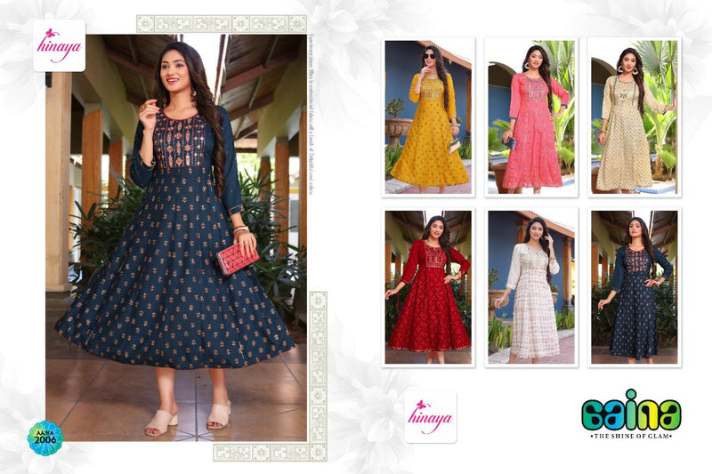 Hinaya Aaina Vol 3 Rayon Fancy Long Flair Party Wear Kurtis