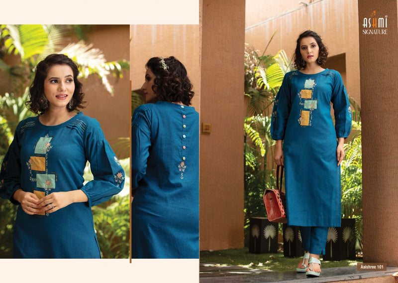 Ashmi Signature Aaishree Cotton Flex Fancy Party Wear Kurtis With Bottom