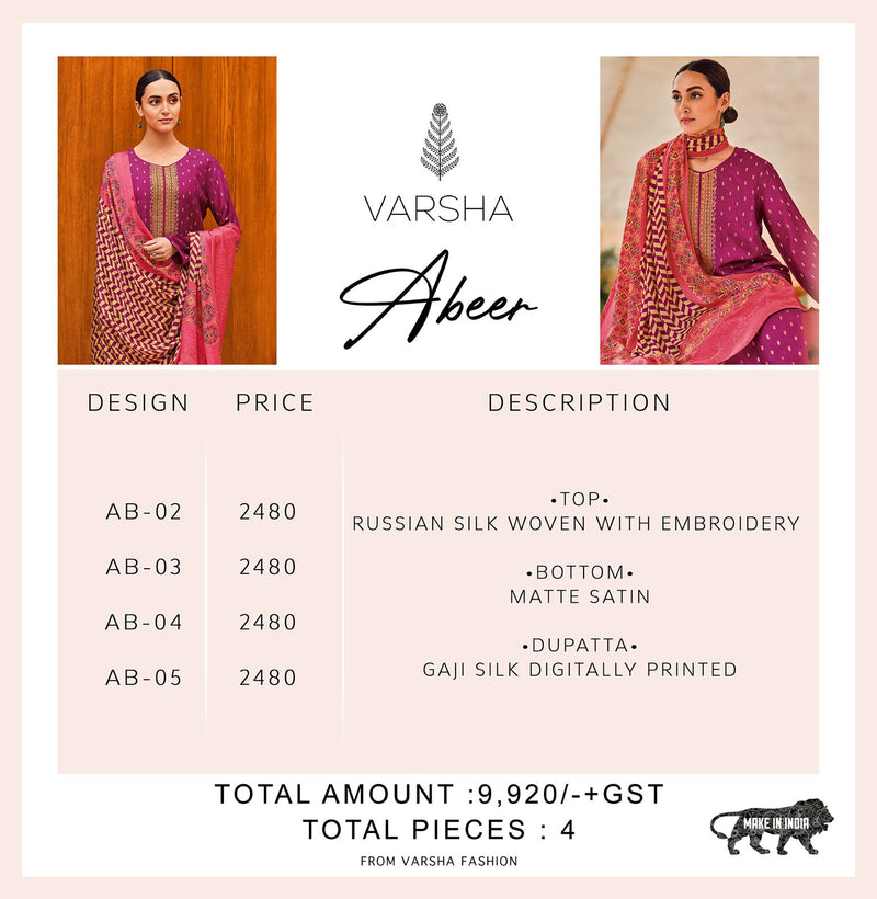Varsha Abeer Silk With Beautiful Embroidery Work Stylish Designer Fancy Salwar Suit