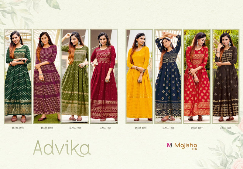 Majisha Nx Advika Vol 1 Rayon Foil Print Stylish  Long Gown Style Occasional Wear Kurtis