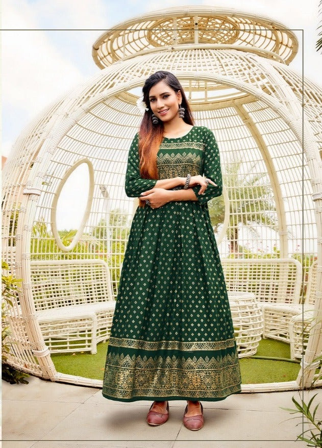 Majisha Nx Advika Vol 1 Rayon Foil Print Stylish  Long Gown Style Occasional Wear Kurtis