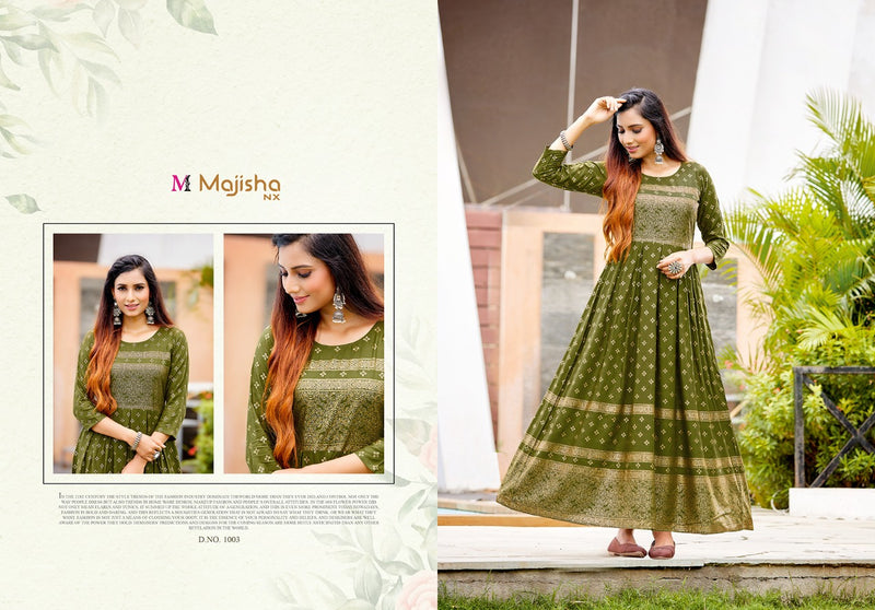 Majisha Nx Advika Vol 1 Rayon Foil Print Stylish  Long Gown Style Occasional Wear Kurtis