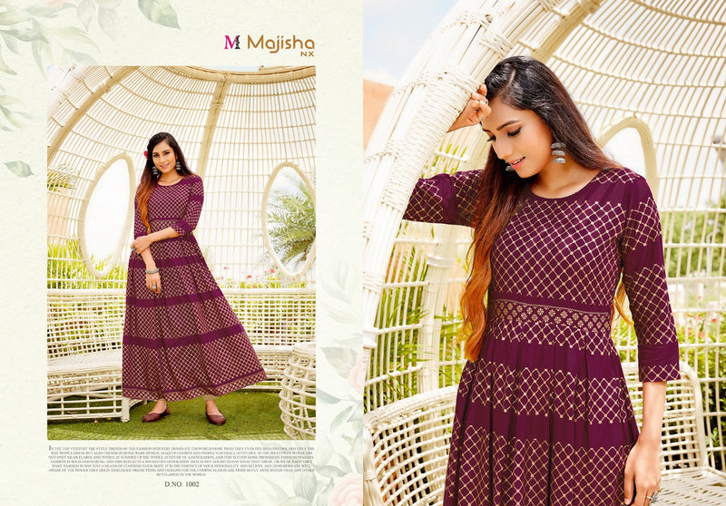 Majisha Nx Advika Vol 1 Rayon Foil Print Stylish  Long Gown Style Occasional Wear Kurtis