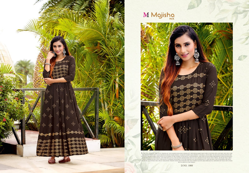Majisha Nx Advika Vol 1 Rayon Foil Print Stylish  Long Gown Style Occasional Wear Kurtis