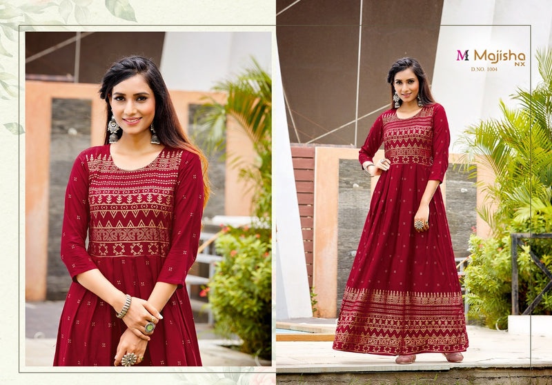 Majisha Nx Advika Vol 1 Rayon Foil Print Stylish  Long Gown Style Occasional Wear Kurtis