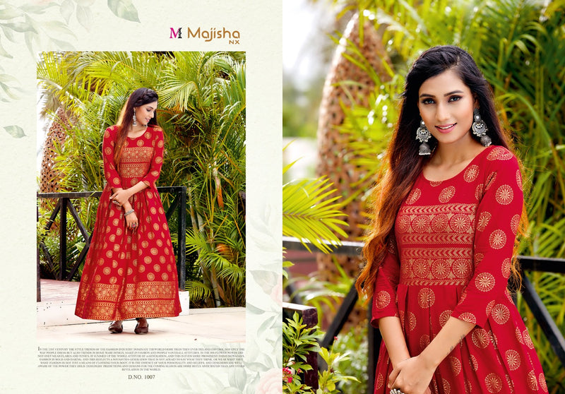 Majisha Nx Advika Vol 1 Rayon Foil Print Stylish  Long Gown Style Occasional Wear Kurtis