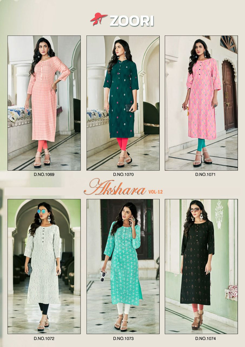 Zoori Akshara Vol 12 Rayon Fancy Stylish Casual Wear Kurtis With Bright Colors