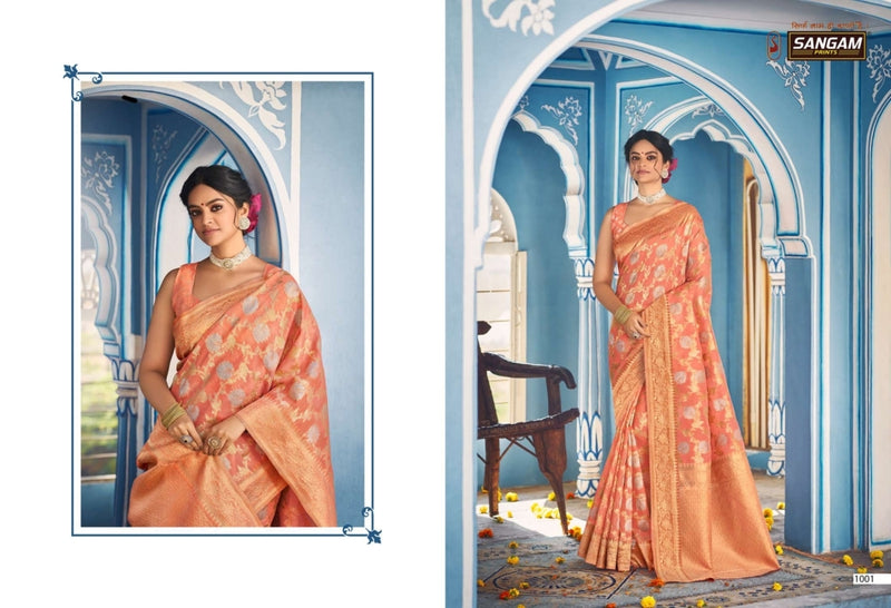 Sangam Print Akshita Linen Fancy Stylish Beautiful Party Wear Sarees