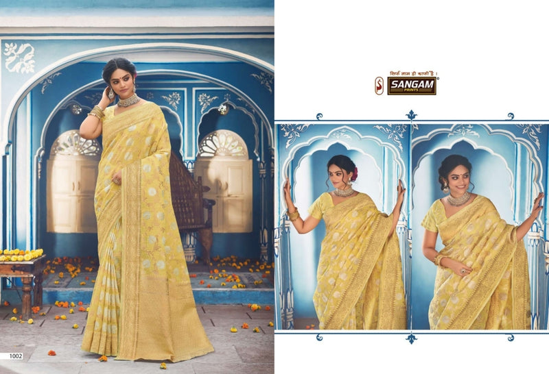 Sangam Print Akshita Linen Fancy Stylish Beautiful Party Wear Sarees