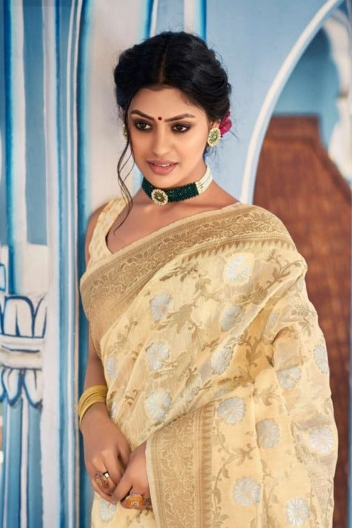 Sangam Print Akshita Linen Fancy Stylish Beautiful Party Wear Sarees