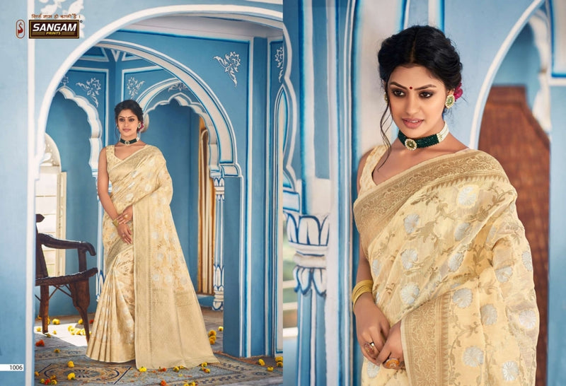 Sangam Print Akshita Linen Fancy Stylish Beautiful Party Wear Sarees