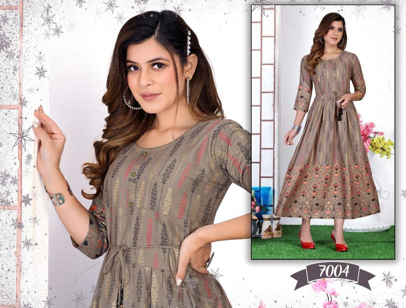 Golden Albeli Rayon Foil Printed Fancy Gown Style Party Wear Kurtis