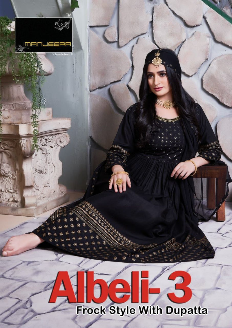 Manjeera Fashion Albeli Vol 3 Rayon Gown Sequence Work Fancy Designer Kurti
