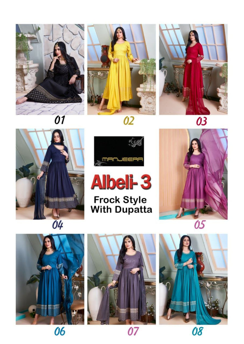Manjeera Fashion Albeli Vol 3 Rayon Gown Sequence Work Fancy Designer Kurti