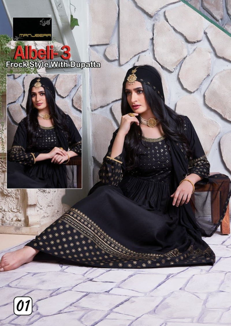 Manjeera Fashion Albeli Vol 3 Rayon Gown Sequence Work Fancy Designer Kurti