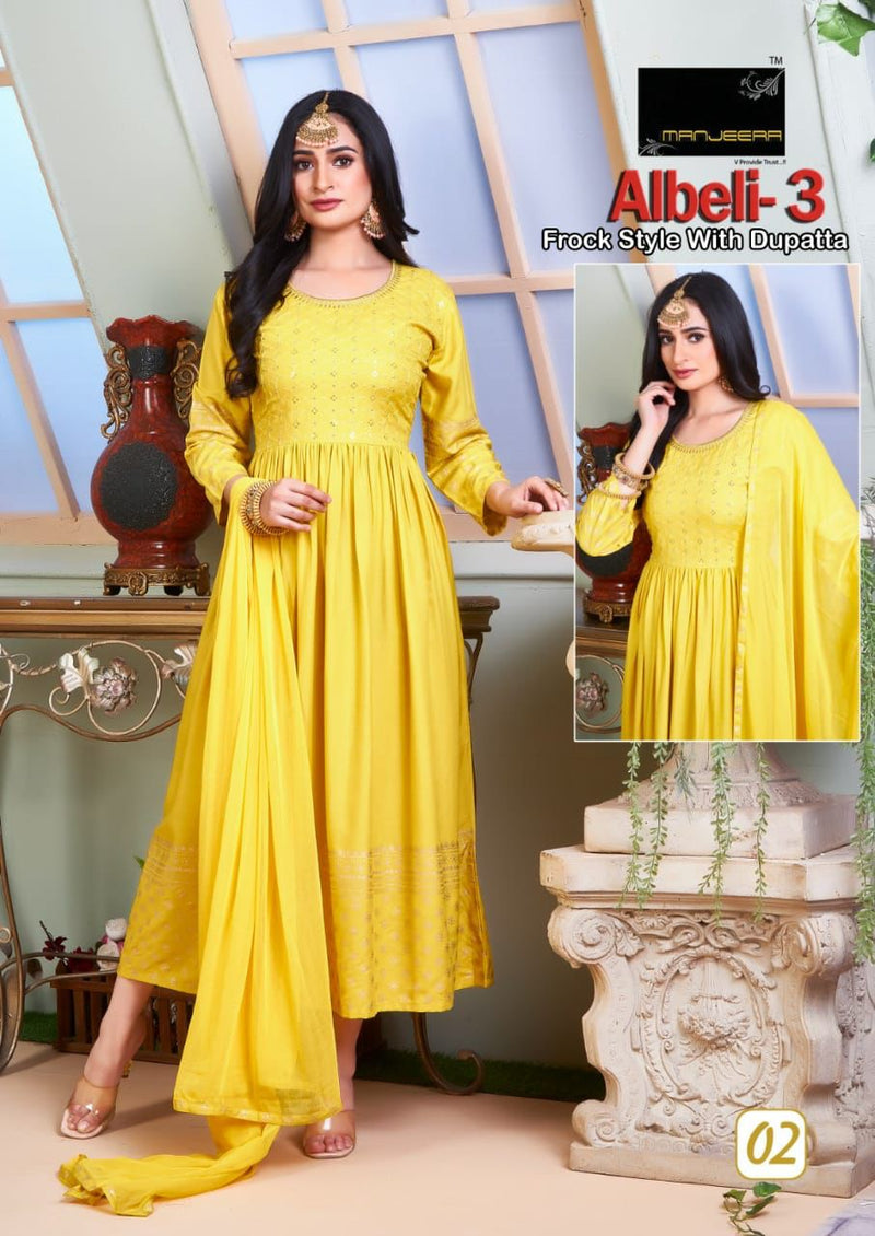 Manjeera Fashion Albeli Vol 3 Rayon Gown Sequence Work Fancy Designer Kurti