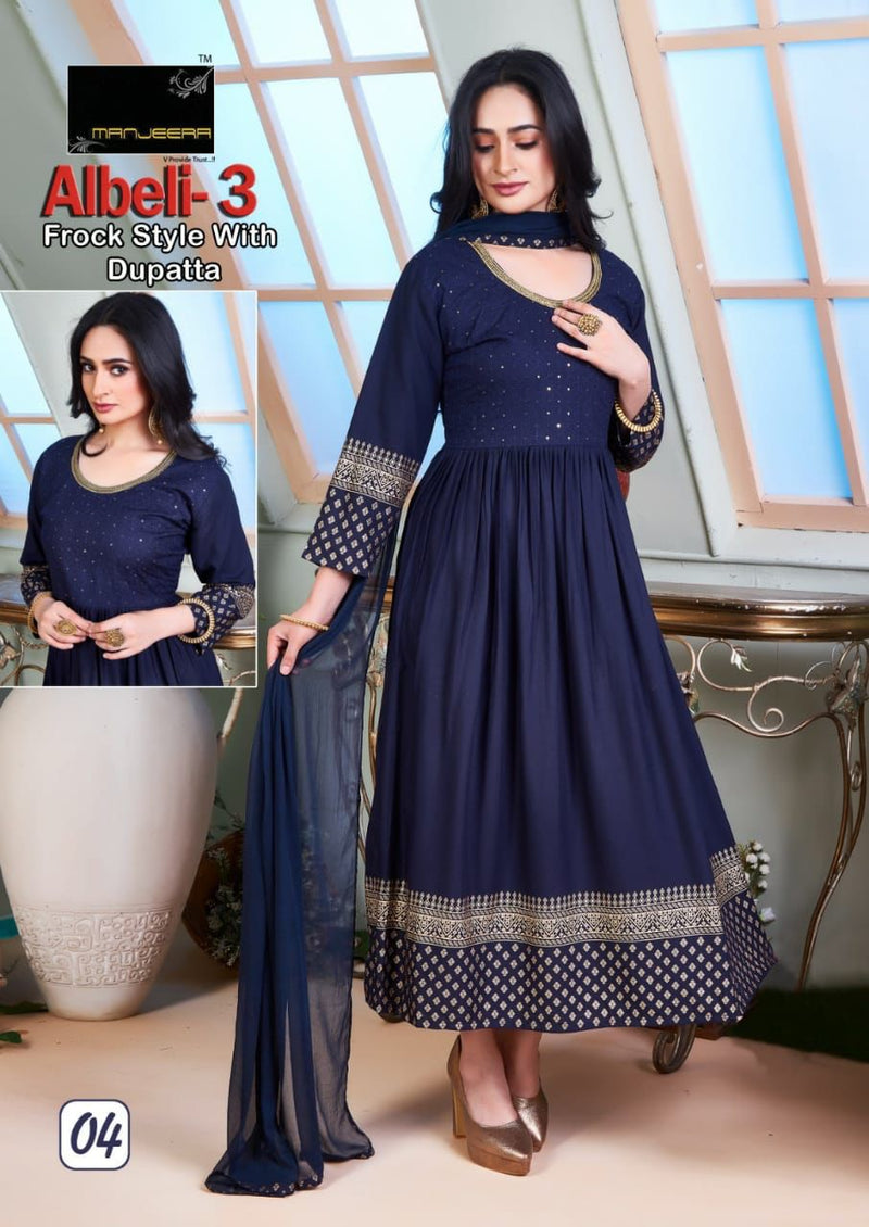 Manjeera Fashion Albeli Vol 3 Rayon Gown Sequence Work Fancy Designer Kurti