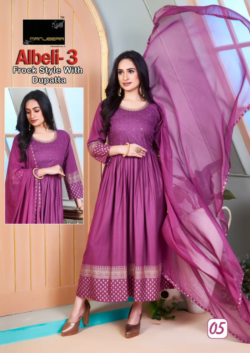 Manjeera Fashion Albeli Vol 3 Rayon Gown Sequence Work Fancy Designer Kurti