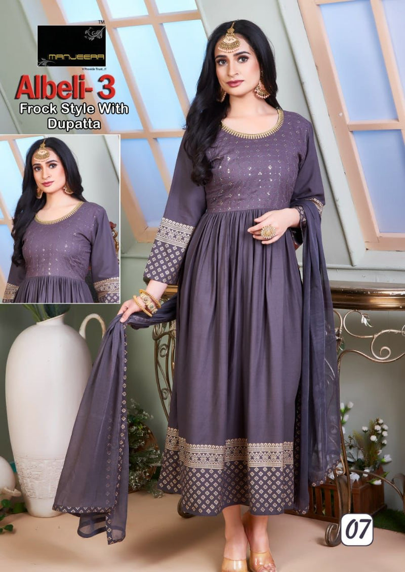 Manjeera Fashion Albeli Vol 3 Rayon Gown Sequence Work Fancy Designer Kurti