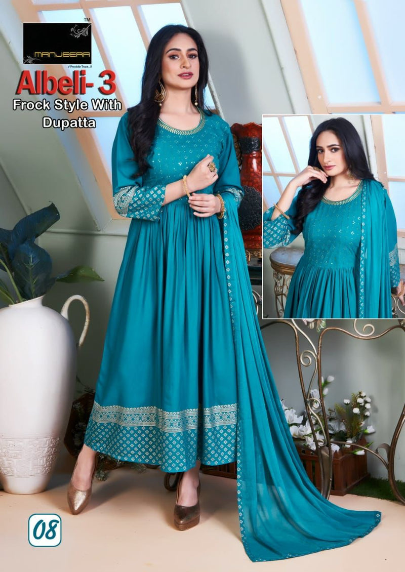 Manjeera Fashion Albeli Vol 3 Rayon Gown Sequence Work Fancy Designer Kurti