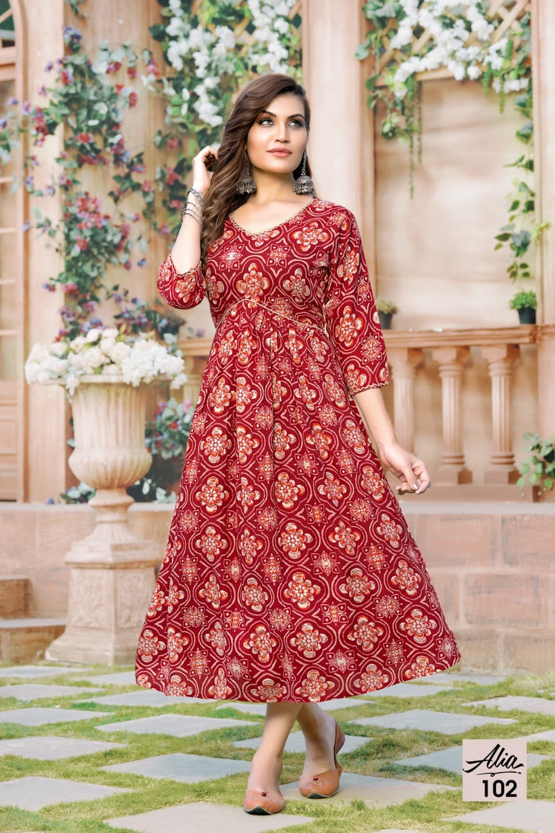 Hirwa Alia Heavy Rayon Foil Printed Designer Fancy Kurti